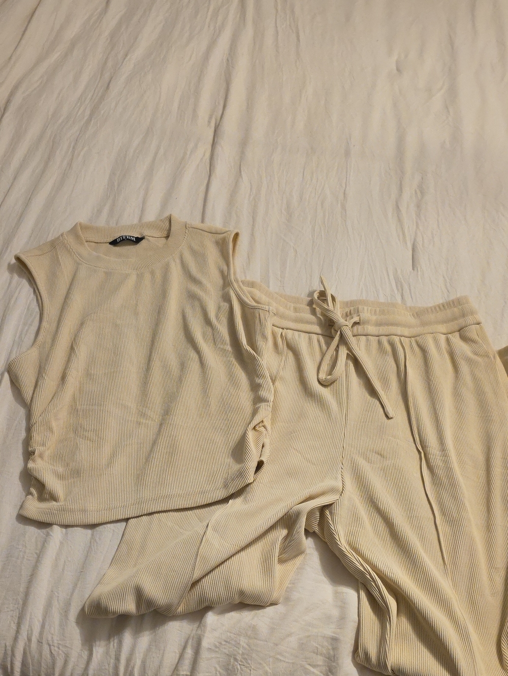 Cream Ribbed Sleeveless Top and Drawstring Pants Set